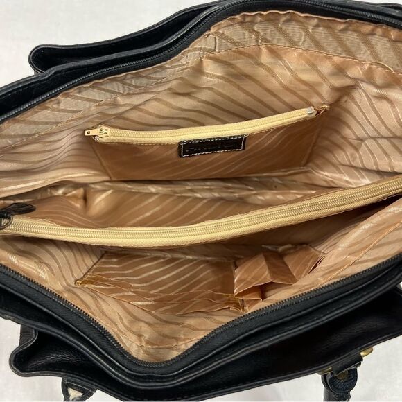 Findig Black Leather Dual Handle Gold Lining 3 Compartment Shoulder Bag 14” x 9” - Picture 9 of 11